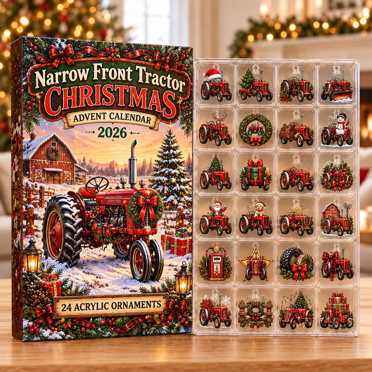 Narrow Front Tractor Evergreen Advent Calendar HFN Gen Acrylic Ornaments