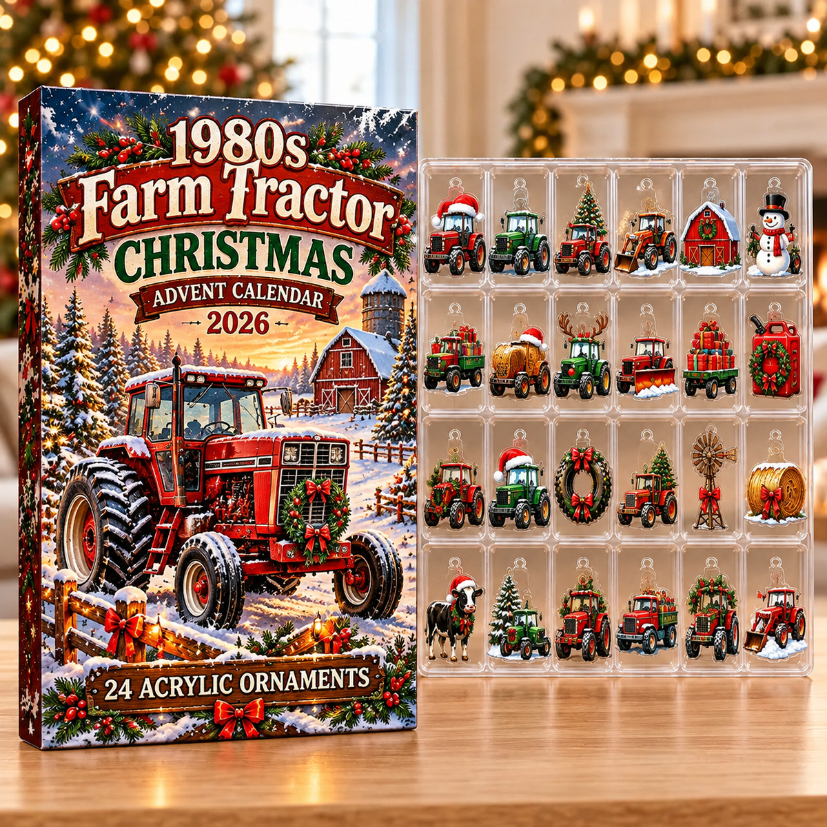 1980s Farm Tractor Evergreen Advent Calendar HFN Gen Acrylic Ornaments