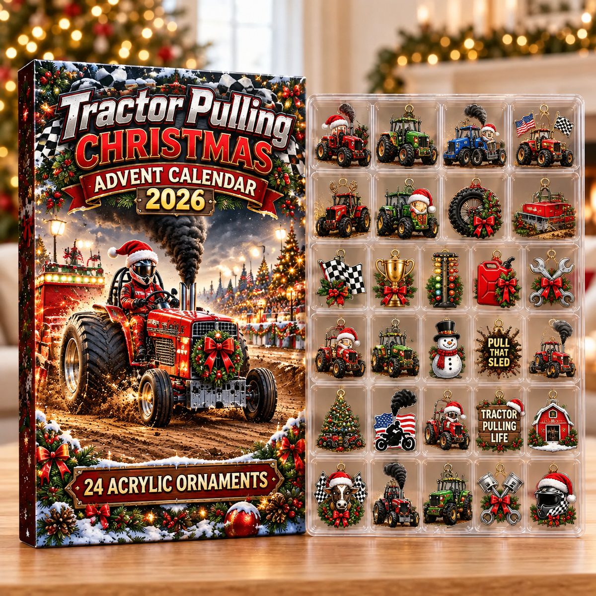 Tractor Pulling Evergreen Advent Calendar HFN Gen Acrylic Ornaments