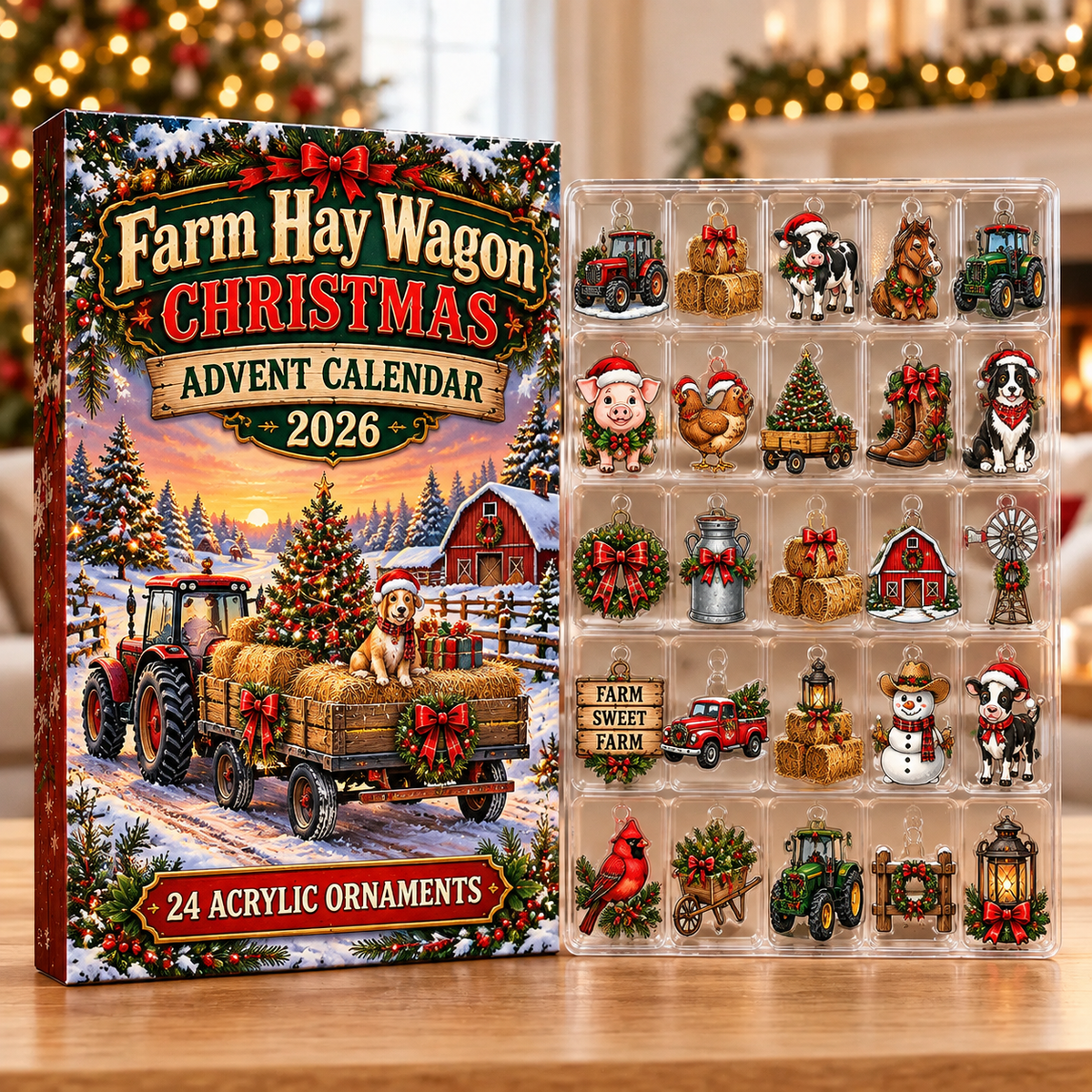 Farm Hay Wagon Acrylic Ornaments, Evergreen Advent Calendar HFN Gen