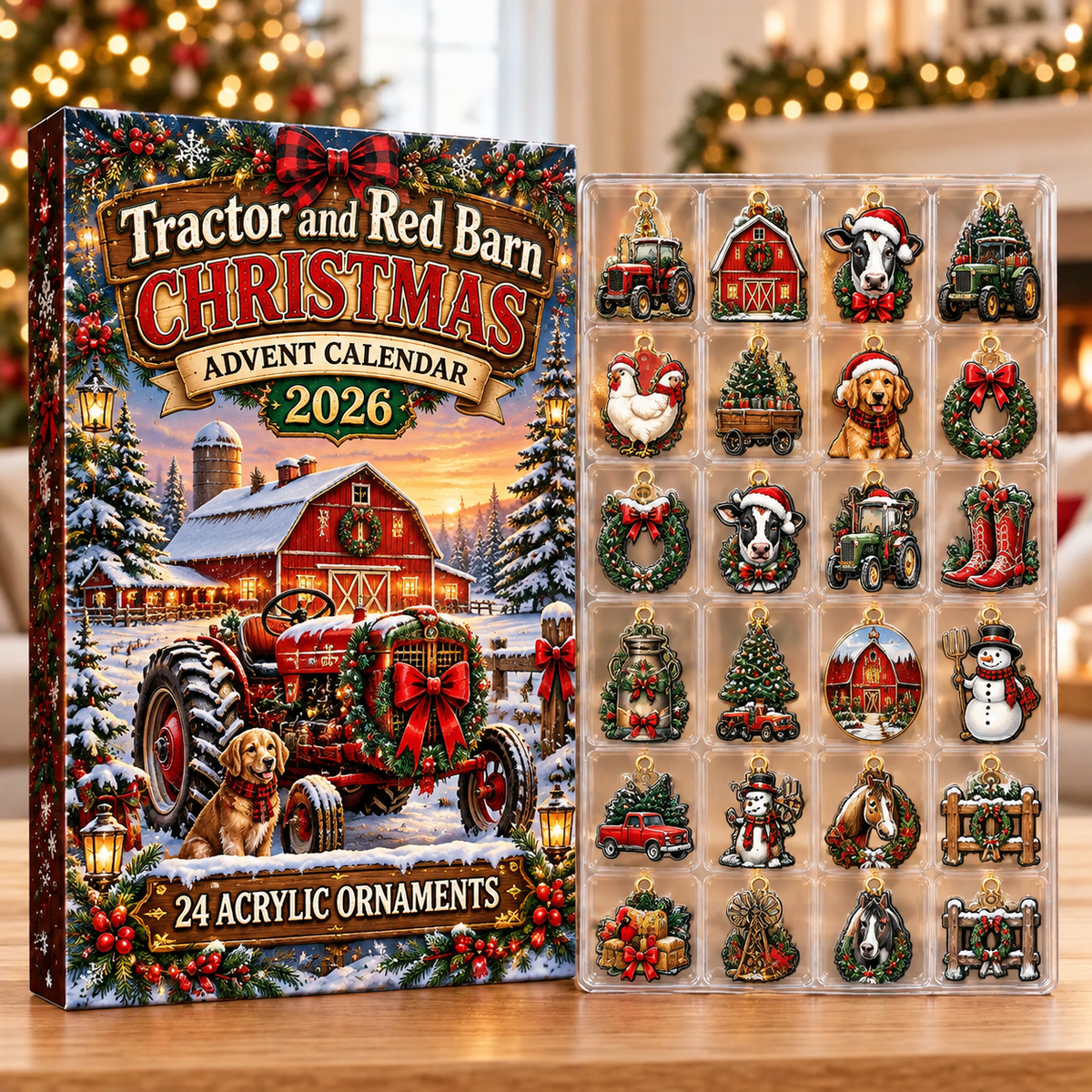 Tractor and Red Barn Acrylic Ornaments, Evergreen Advent Calendar HFN Gen