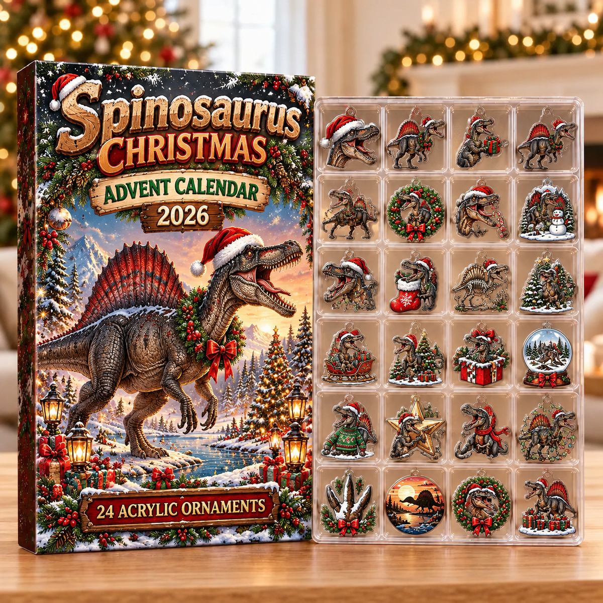 Spinosaurus Acrylic Ornaments, Evergreen Advent Calendar HFN Gen