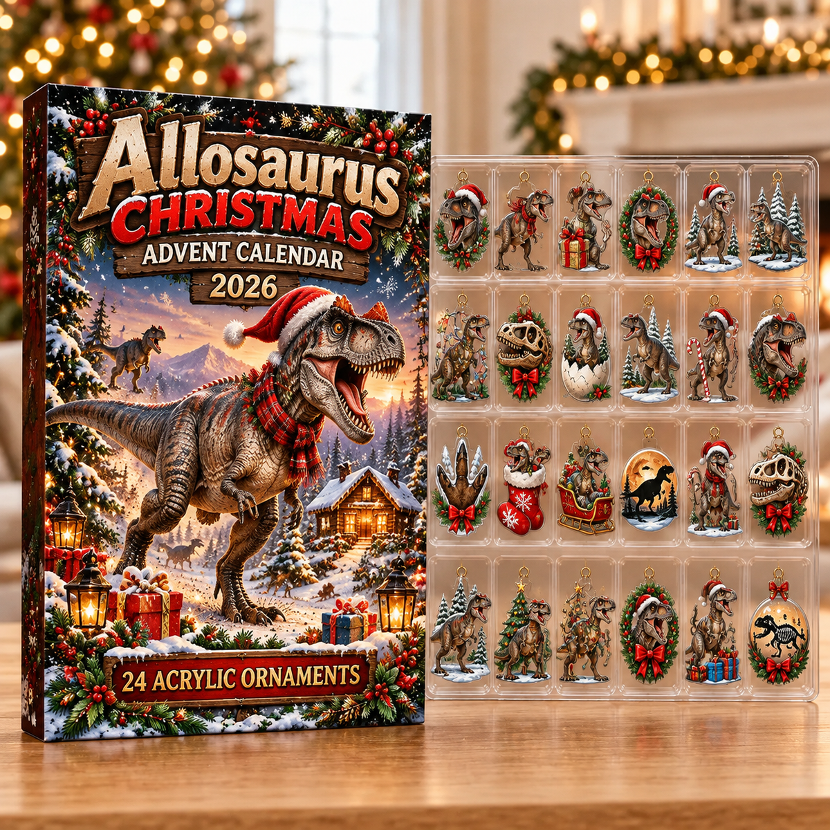Allosaurus Acrylic Ornaments, Evergreen Advent Calendar HFN Gen