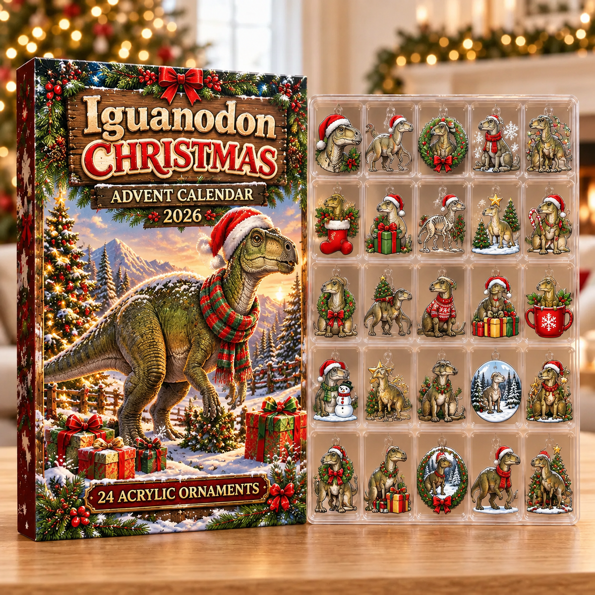 Iguanodon Acrylic Ornaments, Evergreen Advent Calendar HFN Gen