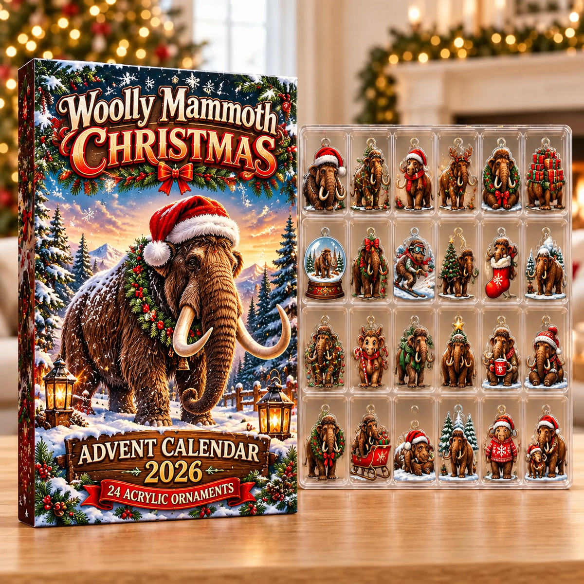 Woolly Mammoth Evergreen Advent Calendar HFN Gen Acrylic Ornaments, Ice Age Christmas Tree Hanging Decor