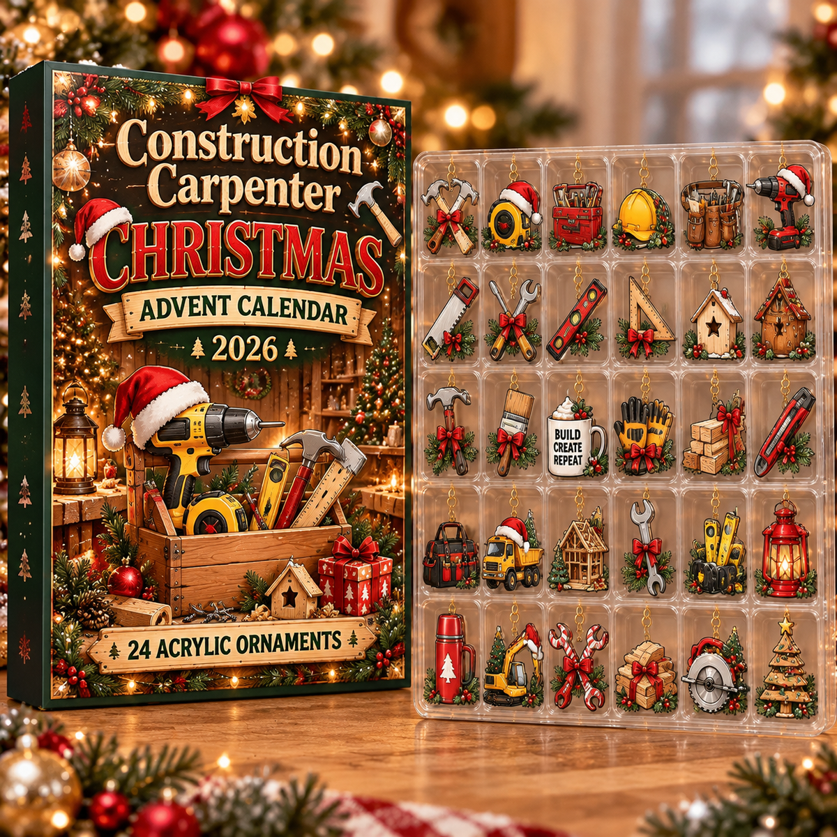 Construction Carpenter Evergreen Advent Calendar HFN Gen Acrylic Ornament