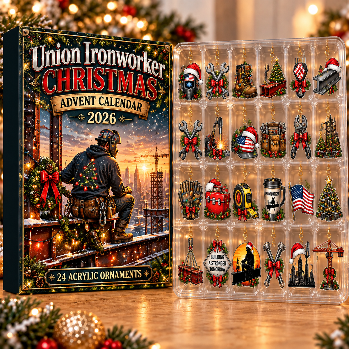 Union Ironworker Evergreen Advent Calendar HFN Gen Acrylic Ornament