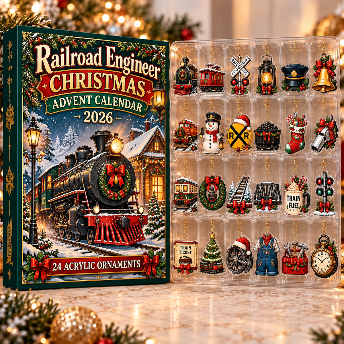 Railroad Engineer Evergreen Advent Calendar HFN Gen Acrylic Ornament