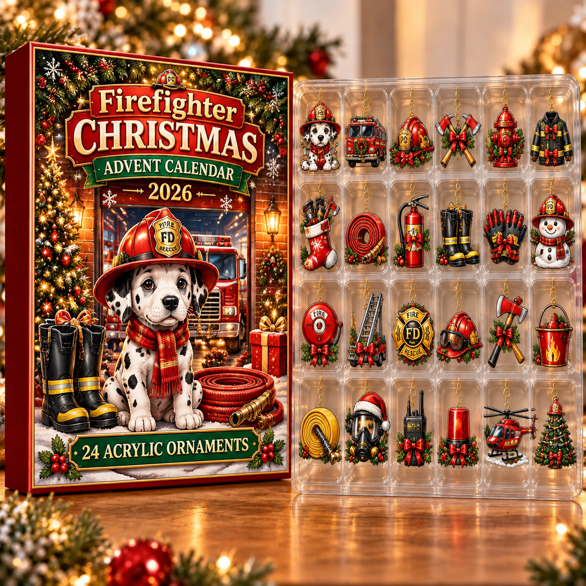 Firefighter Evergreen Advent Calendar HFN Gen Acrylic Ornament, Holiday Tree Decor Gift