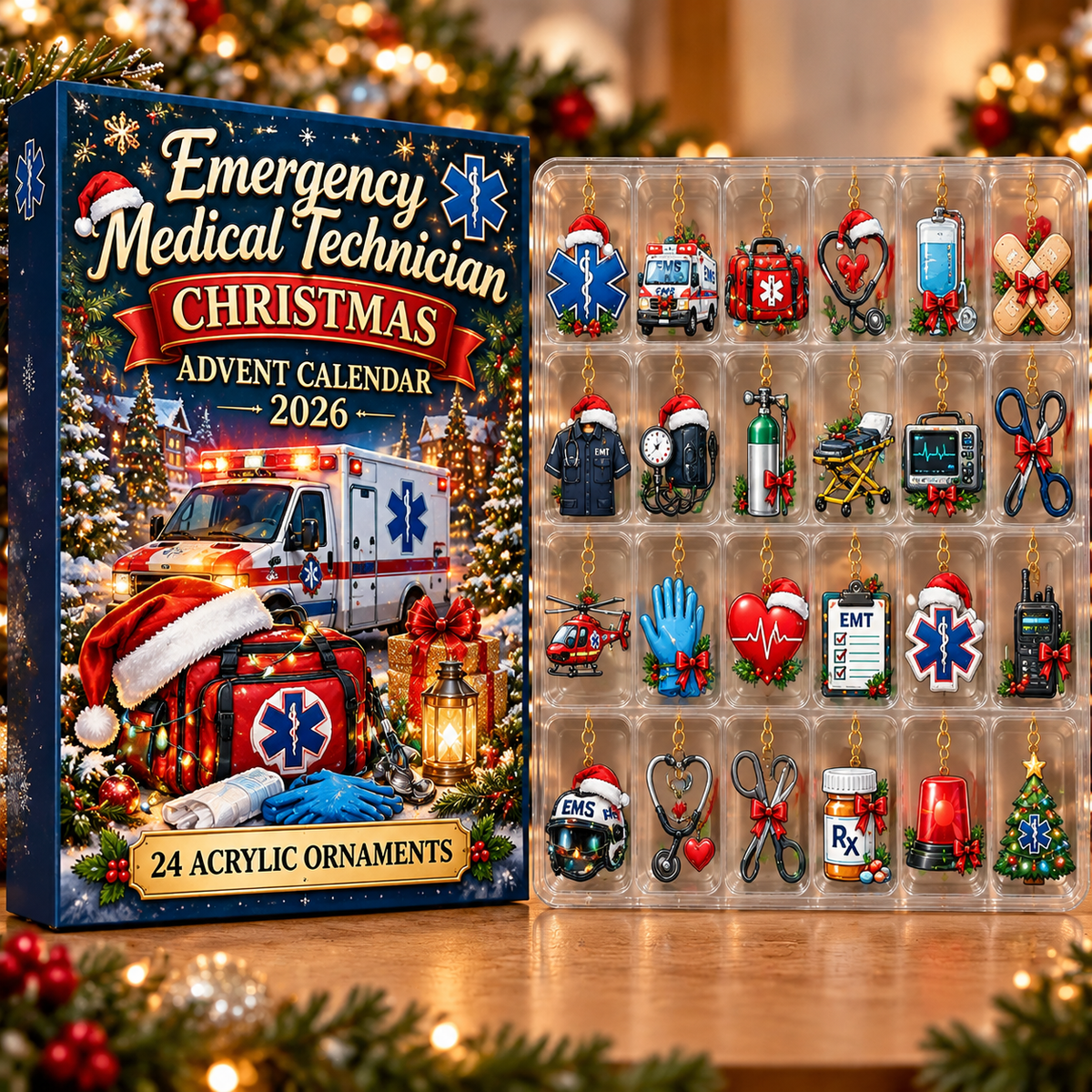 Emergency Medical Technician Evergreen Advent Calendar HFN Gen Acrylic Ornament, Holiday Tree Decor Gift