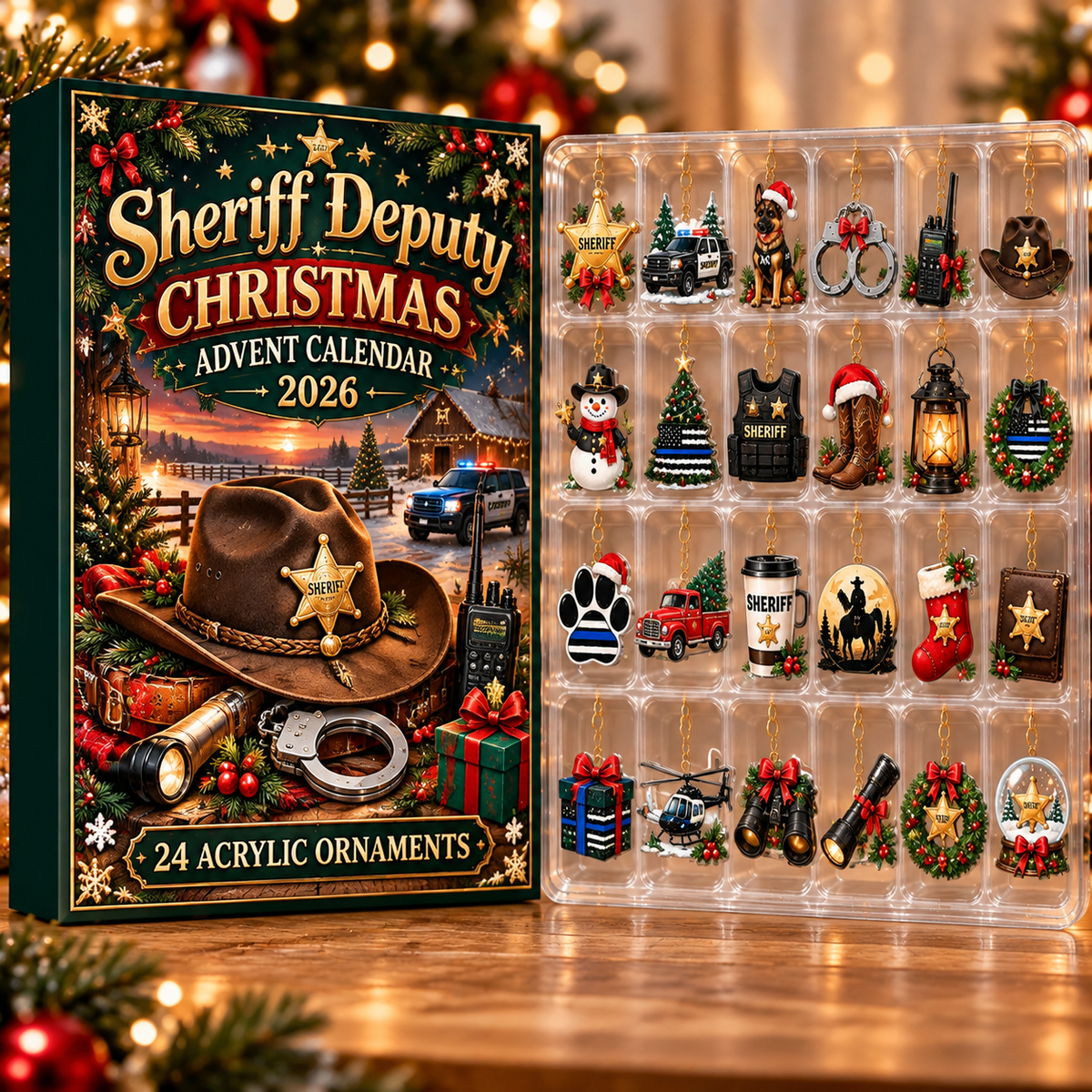 Sheriff Deputy Evergreen Advent Calendar HFN Gen Acrylic Ornament, Holiday Tree Decor Gift