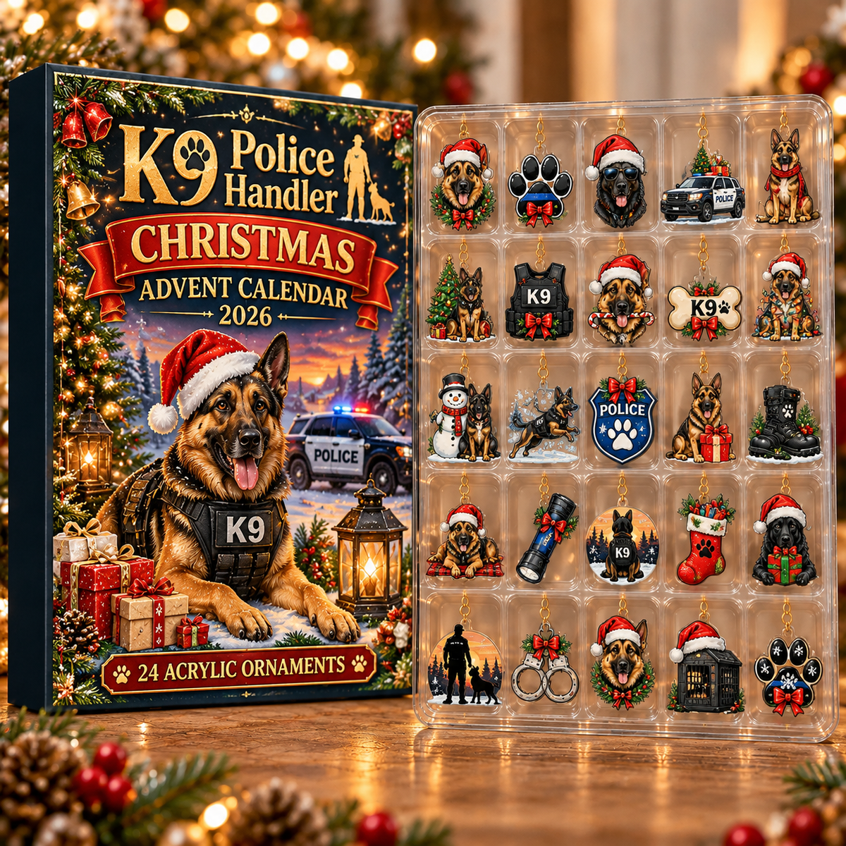 K9 Police Handler Evergreen Advent Calendar HFN Gen Acrylic Ornament, Holiday Tree Decor Gift