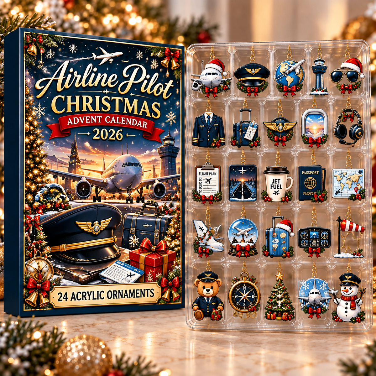 Airline Pilot Evergreen Advent Calendar HFN Gen Acrylic Ornament, Holiday Tree Decor Gift