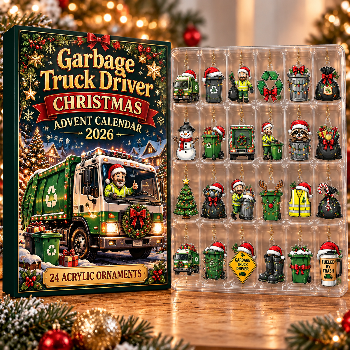 Garbage Truck Driver Evergreen Advent Calendar HFN Gen Acrylic Ornament, Holiday Tree Decor Gift