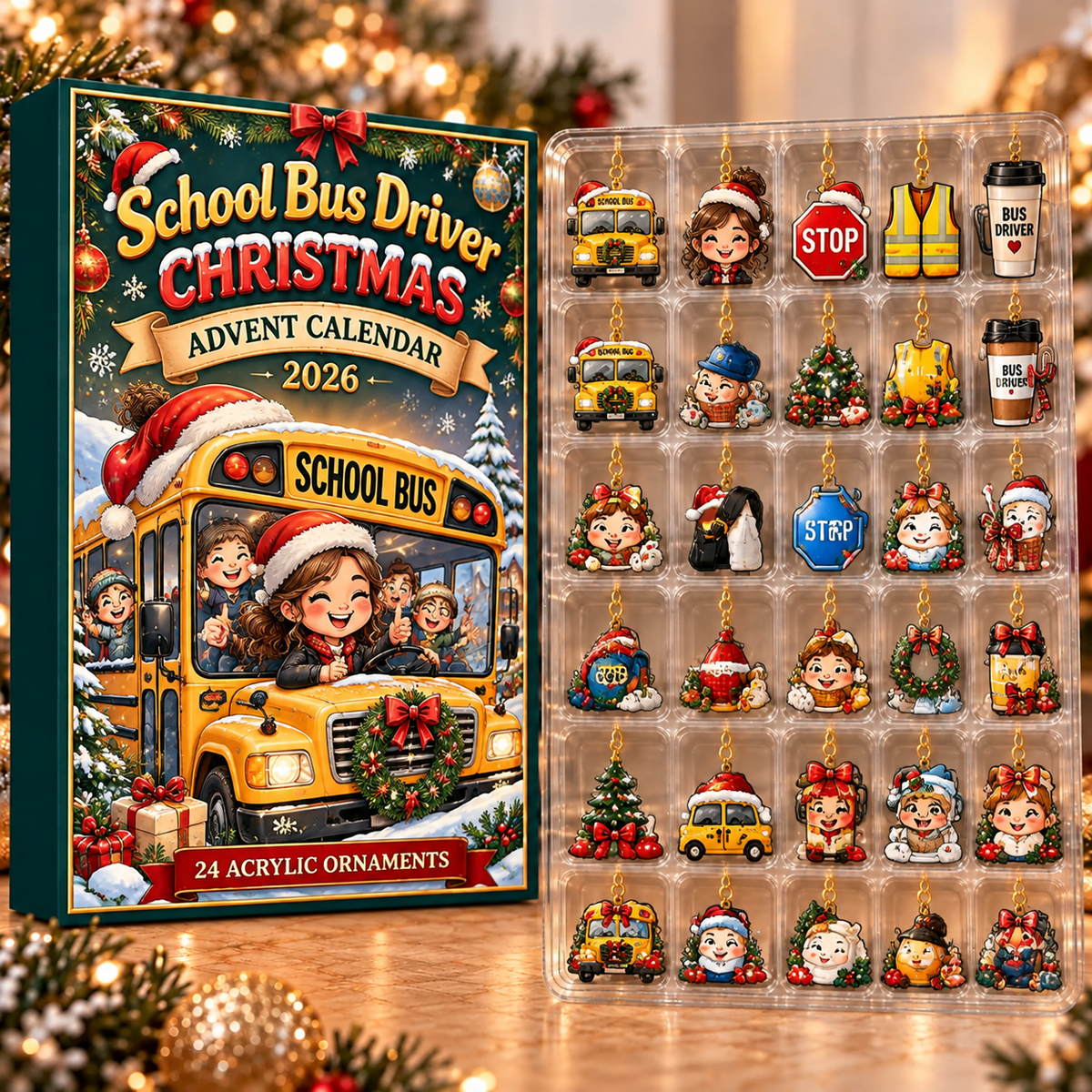 School Bus Driver Evergreen Advent Calendar HFN Gen Acrylic Ornament, Holiday Tree Decor Gift