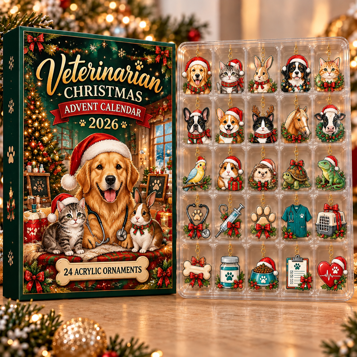 Veterinarian Evergreen Advent Calendar HFN Gen Acrylic Ornament, Holiday Tree Decor Gift