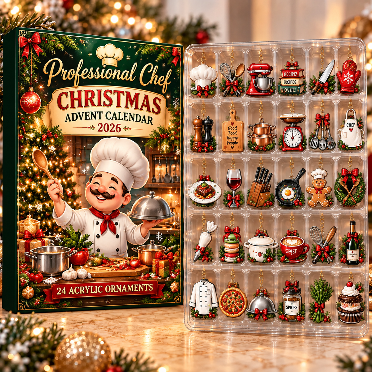 Professional Chef Evergreen Advent Calendar HFN Gen Acrylic Ornament, Holiday Tree Decor Gift