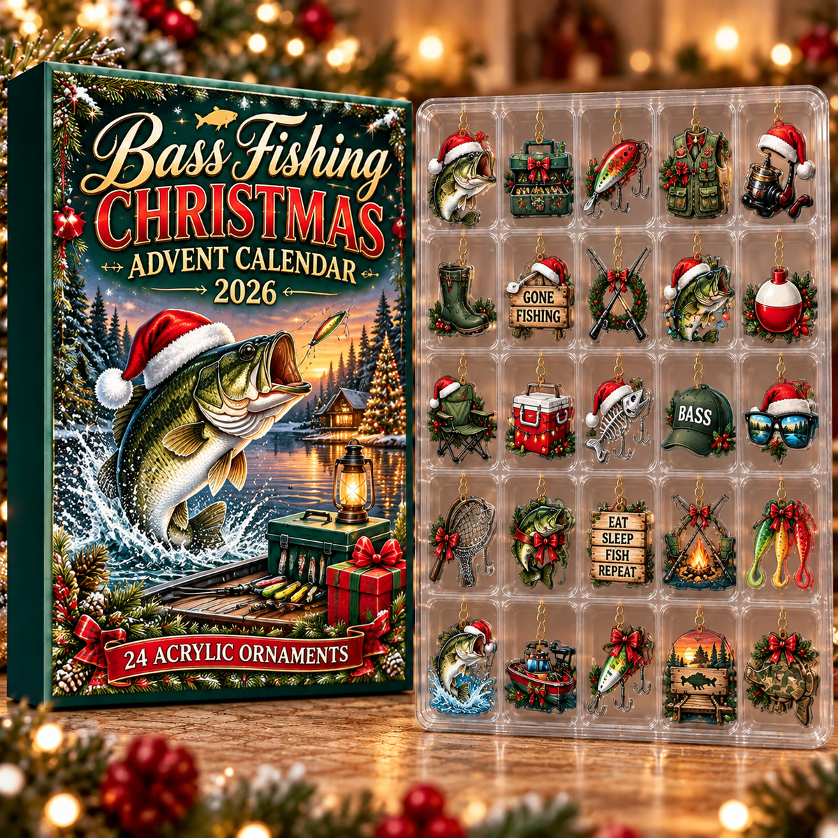 Bass Fishing Evergreen Advent Calendar HFN Gen Acrylic Ornament, Christmas Tree Decor For Anglers