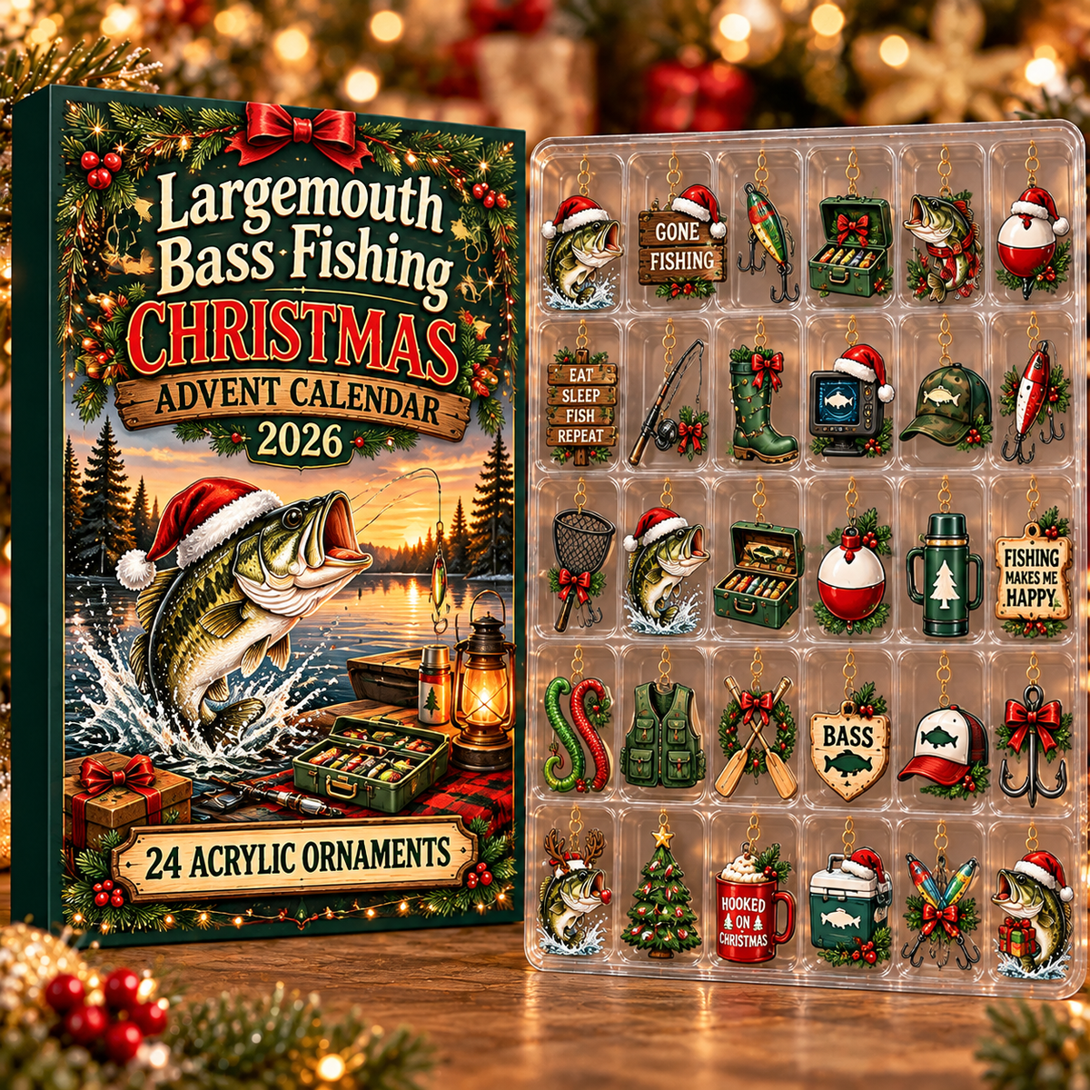 Largemouth Bass Fishing Evergreen Advent Calendar HFN Gen Acrylic Ornament, Holiday Tree Hanging For Fishermen