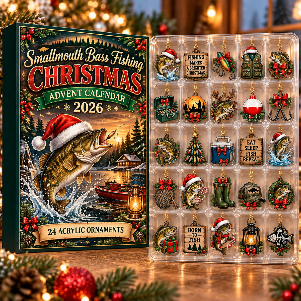 Smallmouth Bass Fishing Evergreen Advent Calendar HFN Gen Acrylic Ornament, Festive Tree Decoration For Anglers