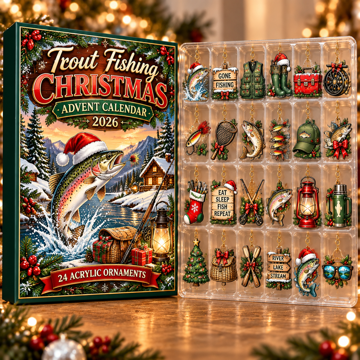 Trout Fishing Evergreen Advent Calendar HFN Gen Acrylic Ornament, Christmas Keepsake For Outdoor Enthusiasts