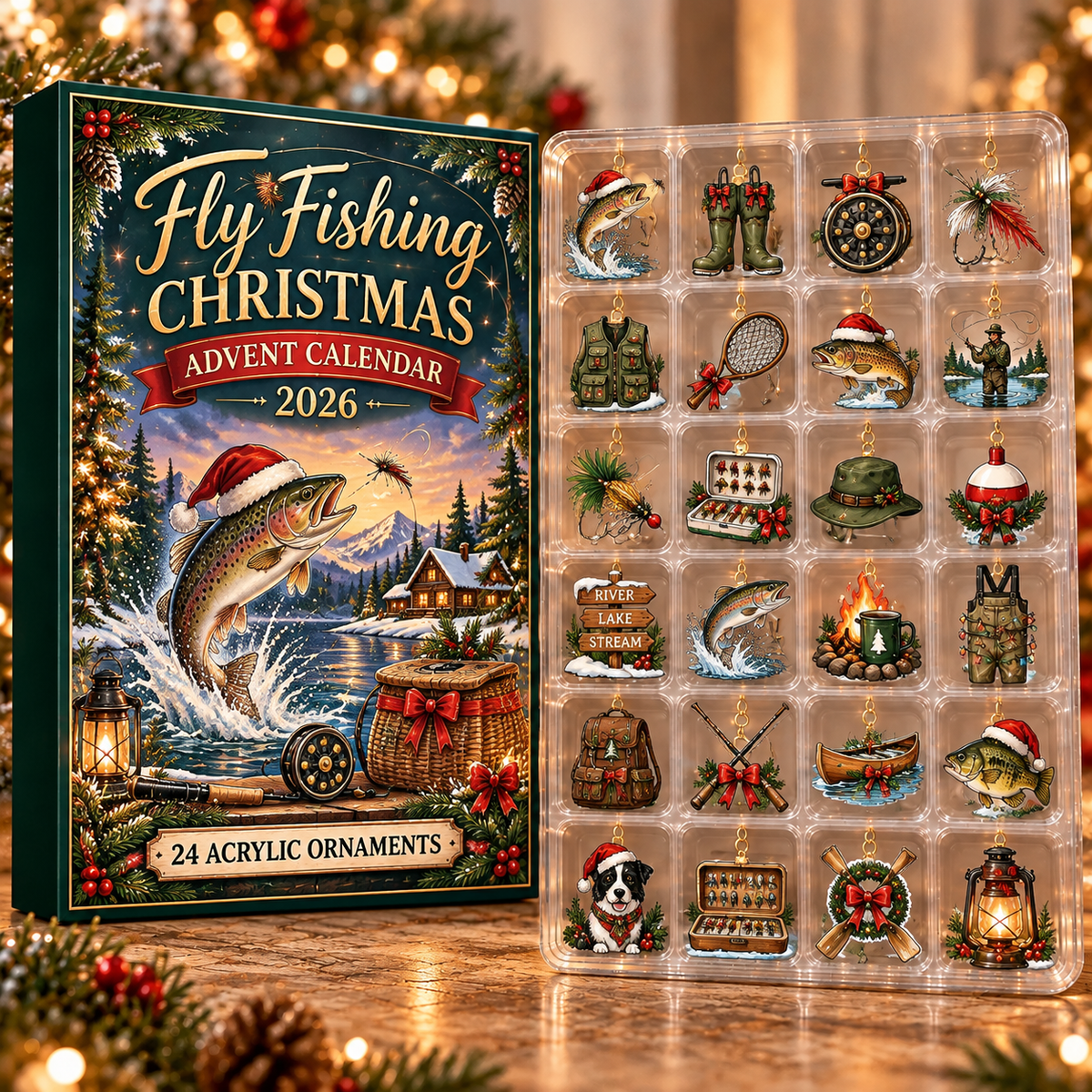 Fly Fishing Evergreen Advent Calendar HFN Gen Acrylic Ornament, Christmas Hanging For Casting Enthusiasts