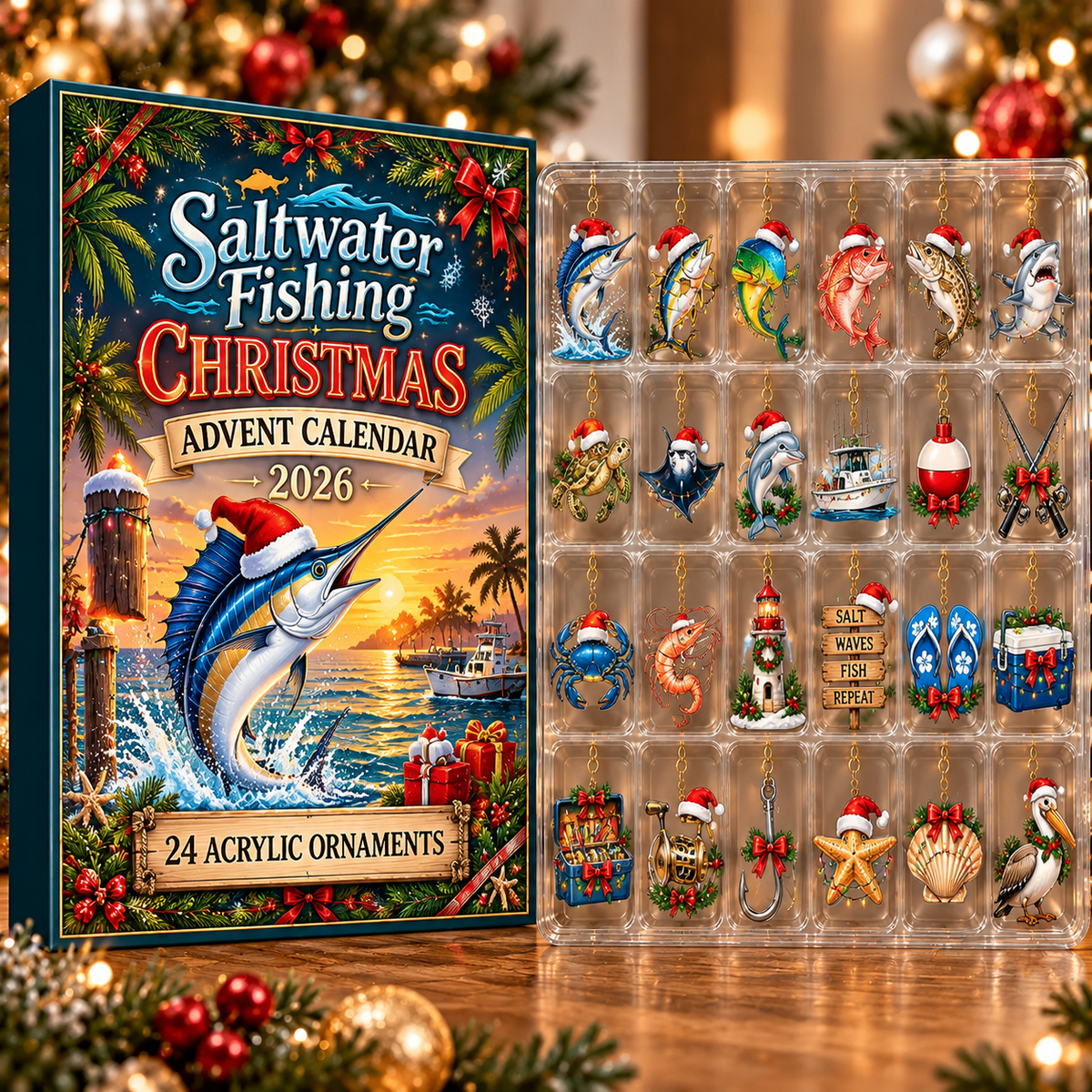 Saltwater Fishing Evergreen Advent Calendar HFN Gen Acrylic Ornament, Festive Tree Decor For Coastal Anglers