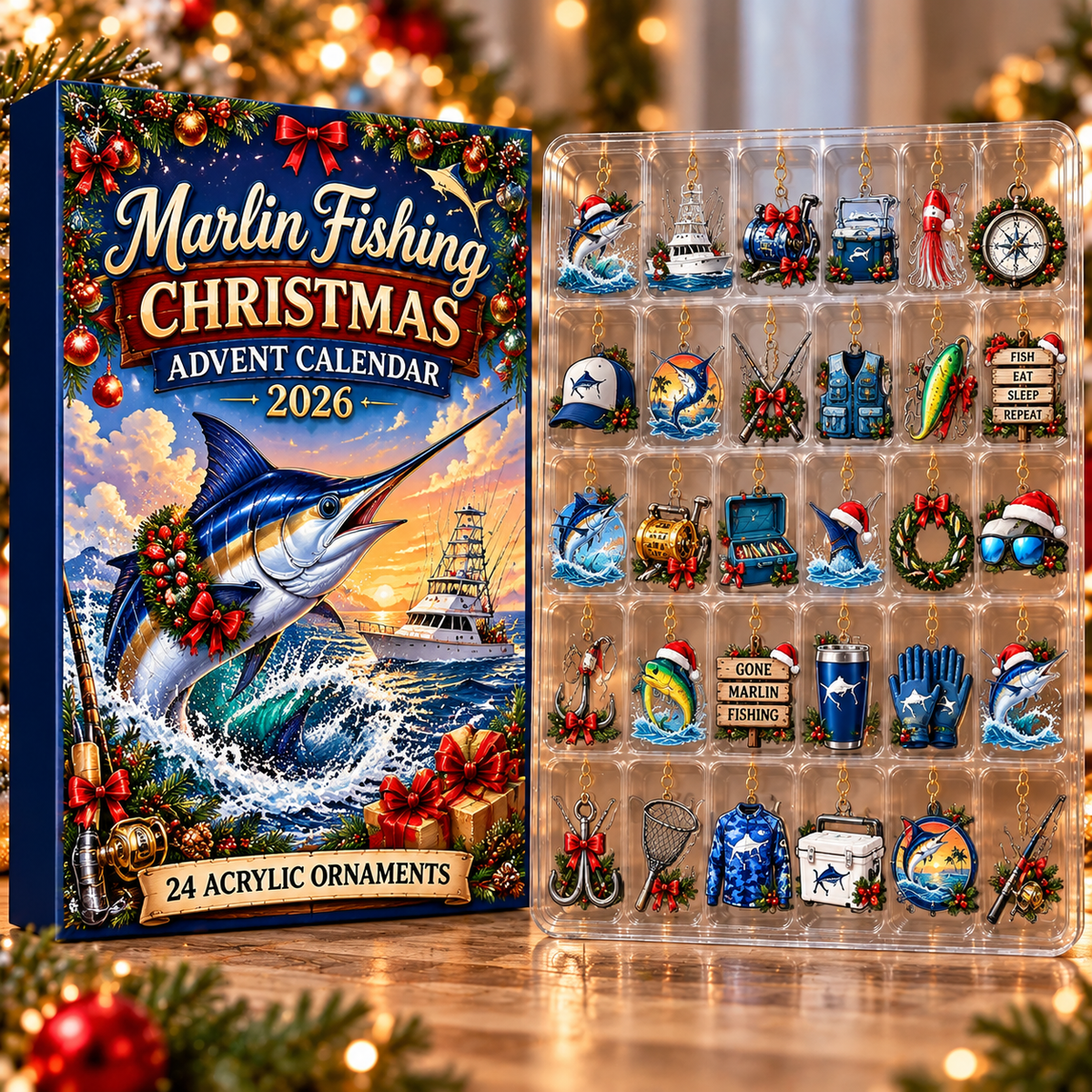 Marlin Fishing Evergreen Advent Calendar HFN Gen Acrylic Ornament, Festive Tree Keepsake For Sportfishers