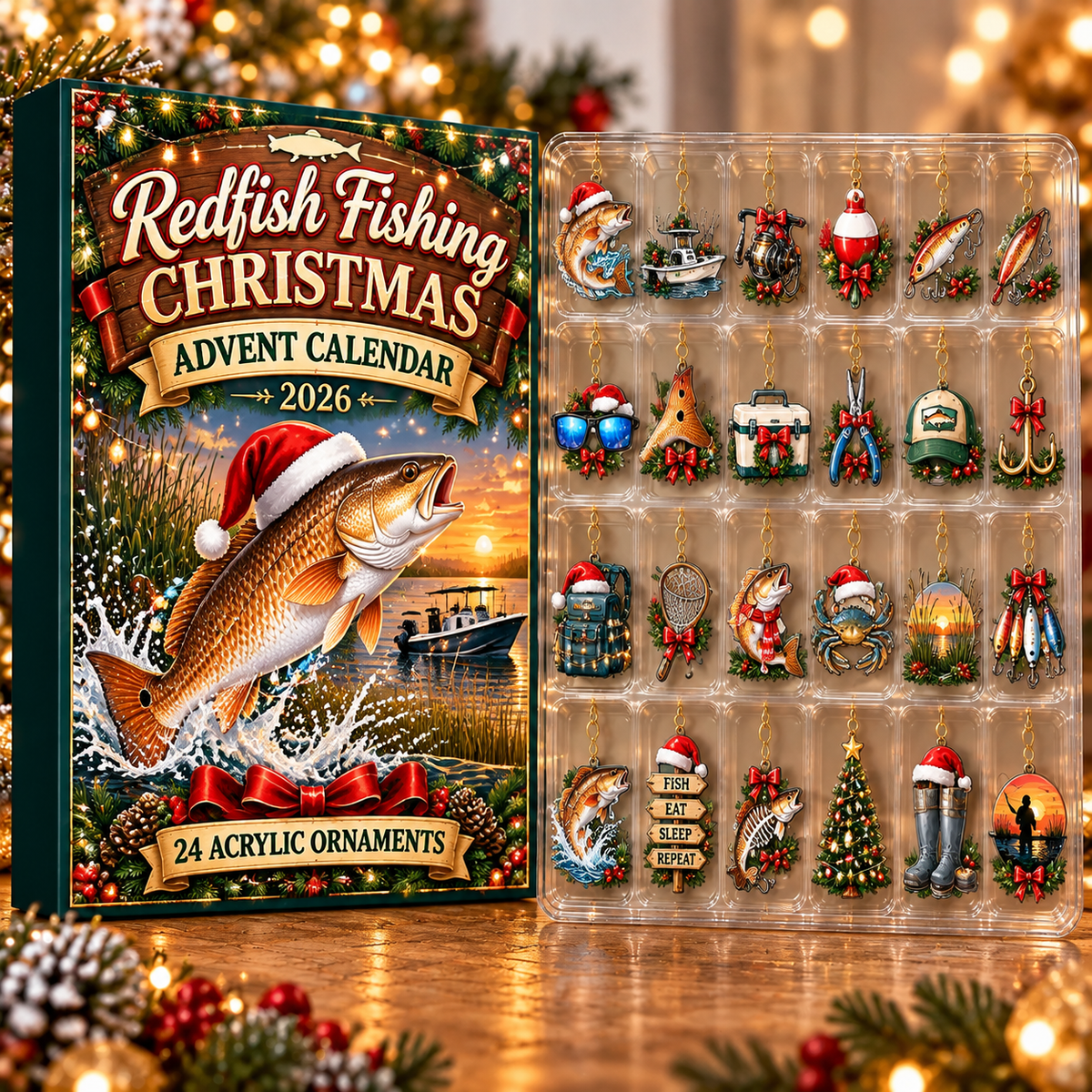 Redfish Fishing Evergreen Advent Calendar HFN Gen Acrylic Ornament, Christmas Hanging For Inshore Anglers