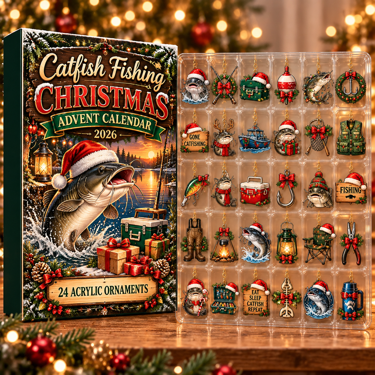 Catfish Fishing Evergreen Advent Calendar HFN Gen Acrylic Ornament, Holiday Tree Decor For Night Anglers