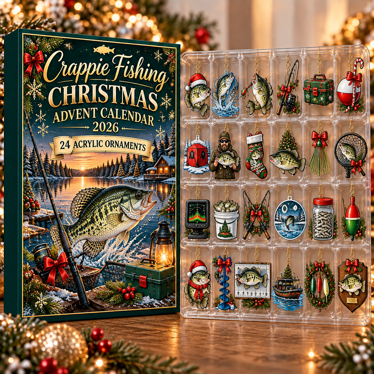 Crappie Fishing Evergreen Advent Calendar HFN Gen Acrylic Ornament, Christmas Keepsake For Lake Anglers