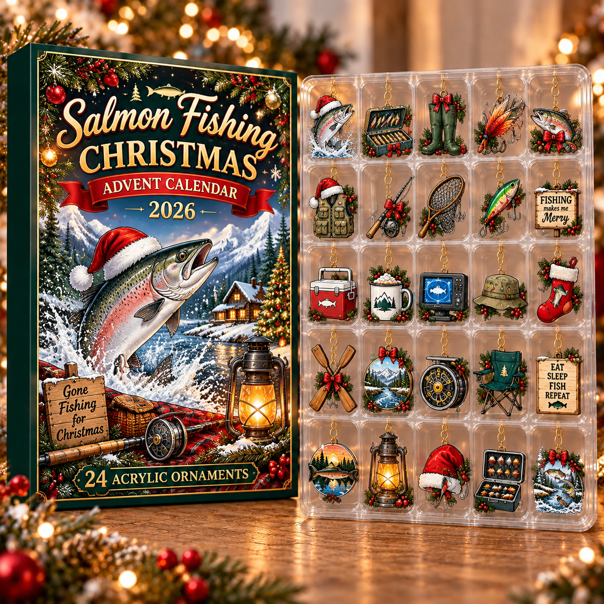Salmon Fishing Evergreen Advent Calendar HFN Gen Acrylic Ornament, Holiday Tree Decor For River Anglers
