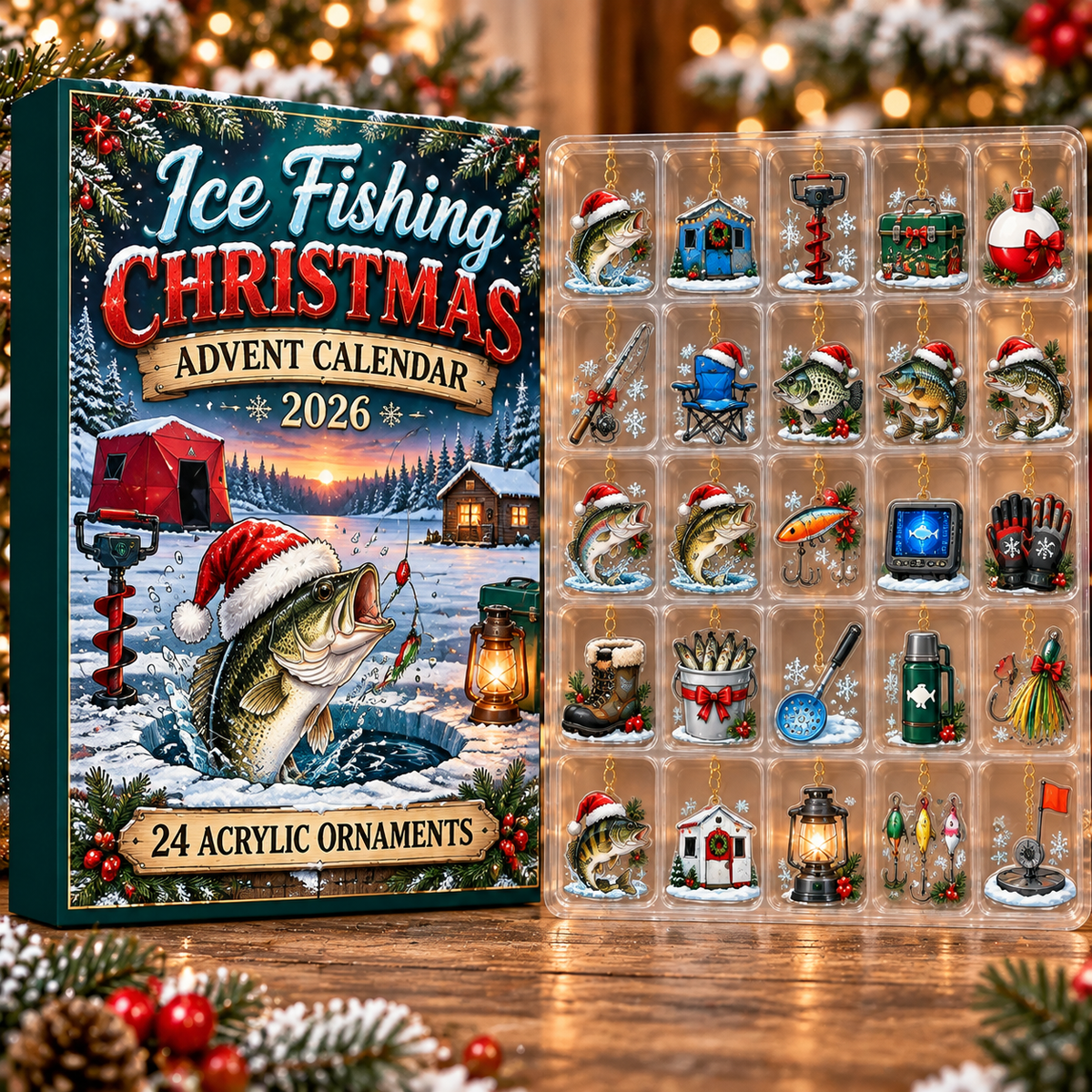 Ice Fishing Evergreen Advent Calendar HFN Gen Acrylic Ornament, Christmas Hanging For Winter Anglers