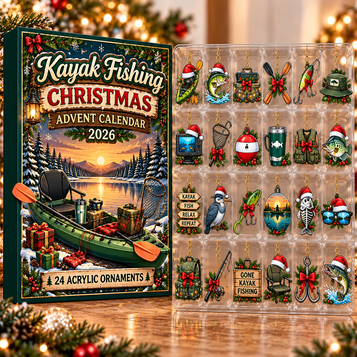 Kayak Fishing Evergreen Advent Calendar HFN Gen Acrylic Ornament, Festive Tree Decor For Paddlers