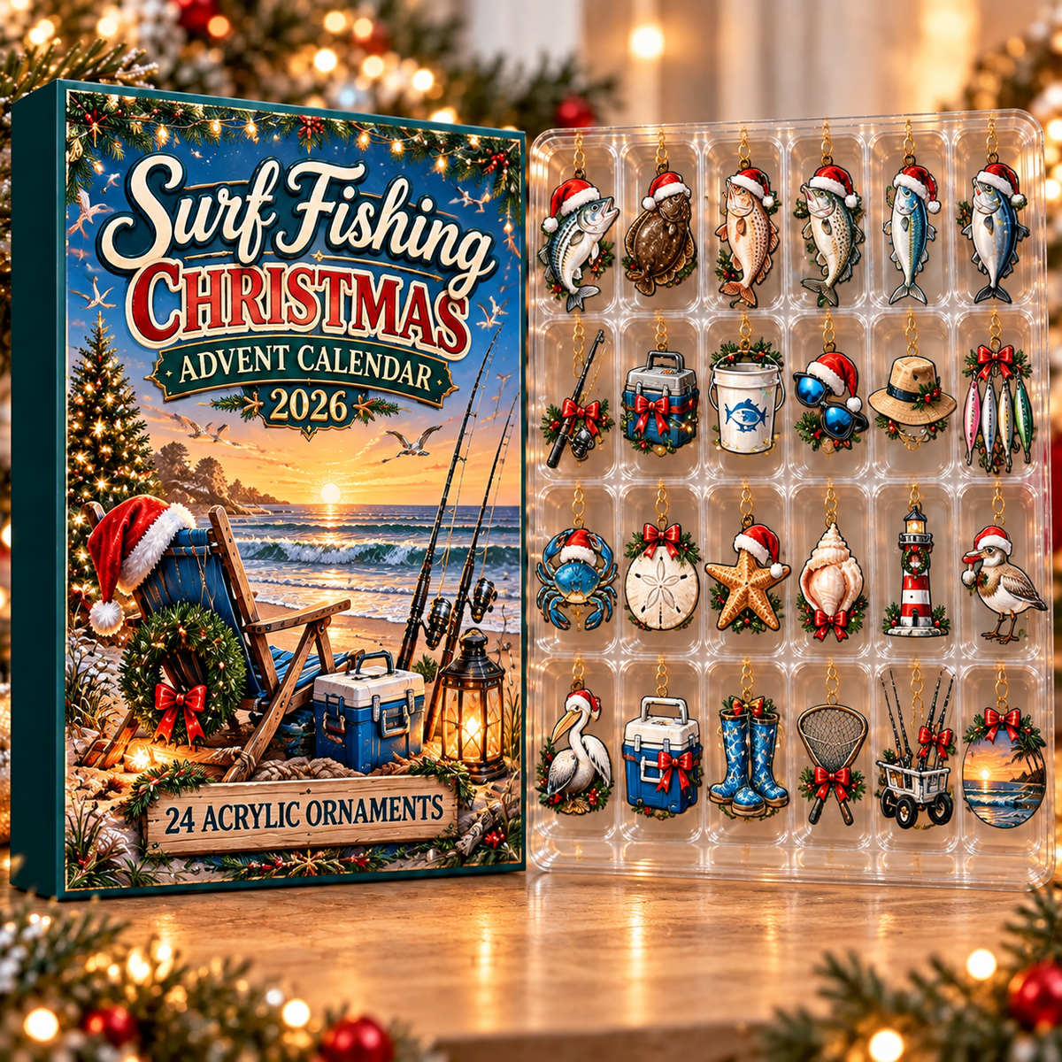 Surf Fishing Evergreen Advent Calendar HFN Gen Acrylic Ornament, Holiday Keepsake For Beach Anglers