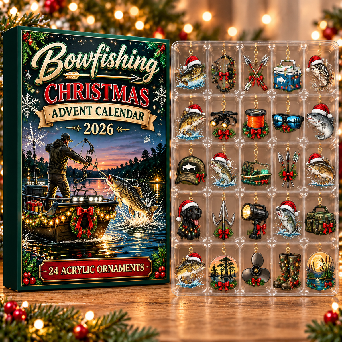 Bowfishing Evergreen Advent Calendar HFN Gen Acrylic Ornament, Christmas Tree Decor For Archery Anglers