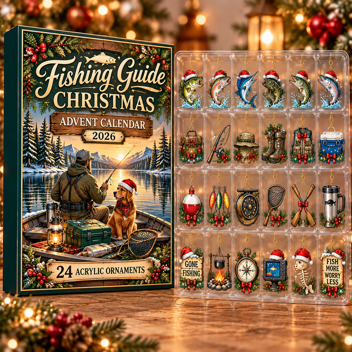 Fishing Guide Evergreen Advent Calendar HFN Gen Acrylic Ornament, Holiday Tree Keepsake For Charter Captains