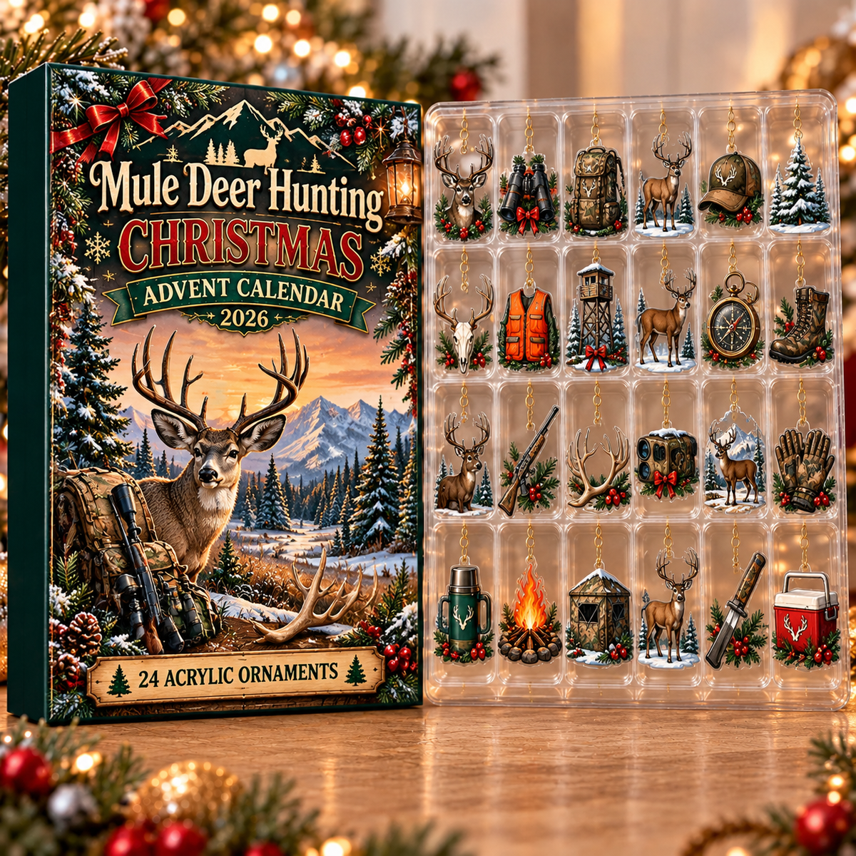 Mule Deer Hunting Acrylic Ornament, Evergreen Advent Calendar HFN Gen