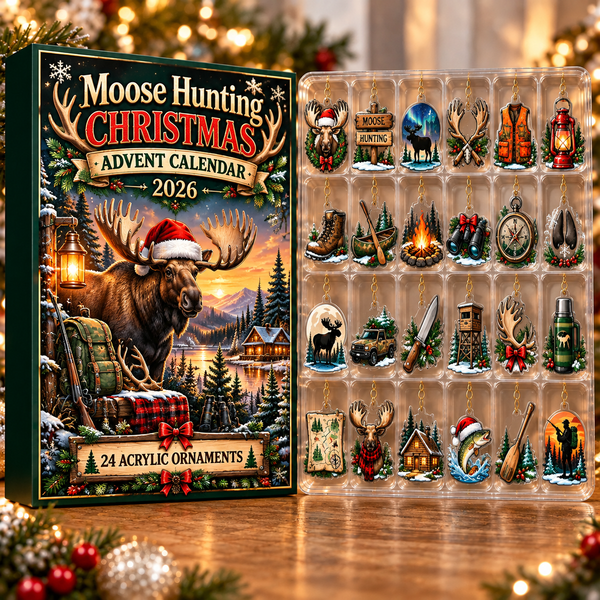 Moose Hunting Acrylic Ornament, Evergreen Advent Calendar HFN Gen