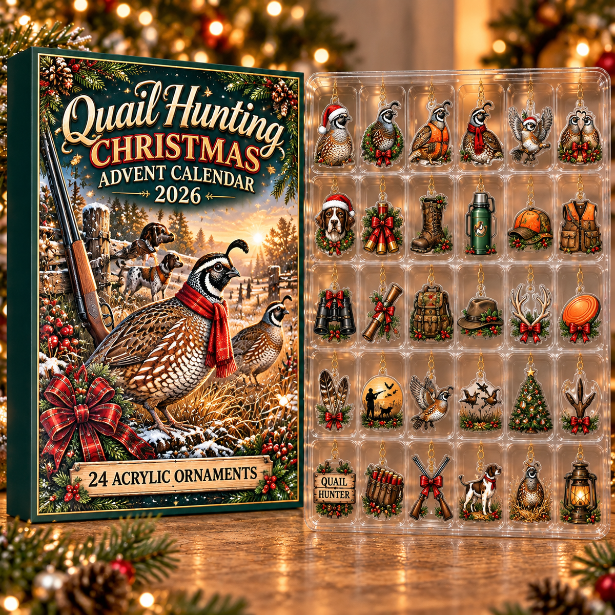Quail Hunting Acrylic Ornament, Evergreen Advent Calendar HFN Gen