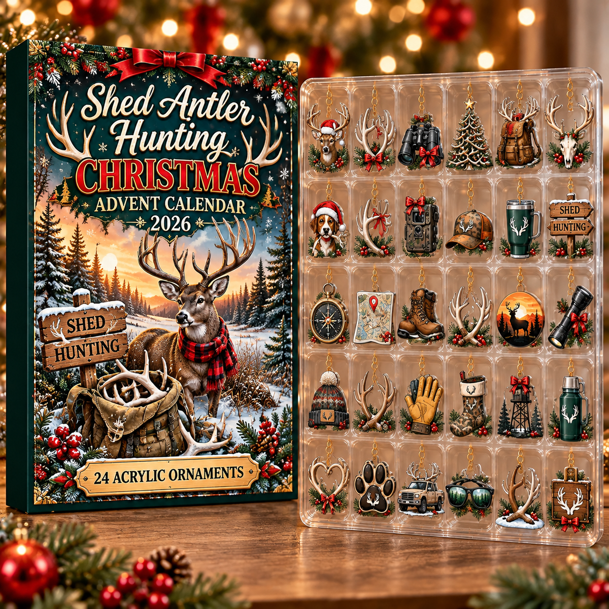 Shed Antler Hunting Acrylic Ornament, Evergreen Advent Calendar HFN Gen