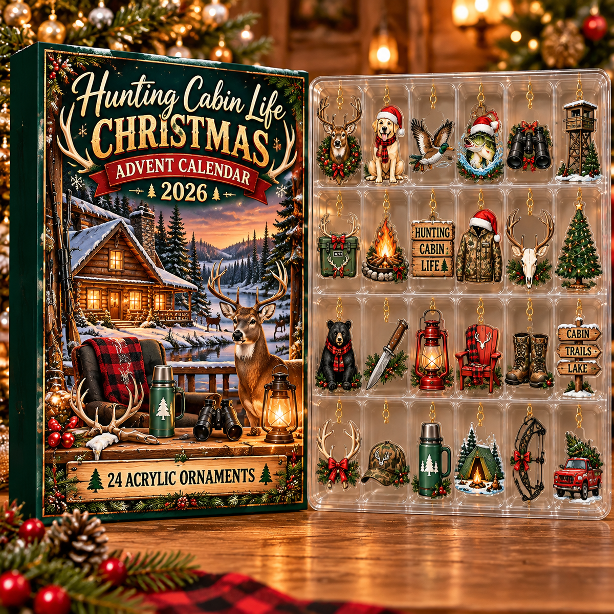 Hunting Cabin Life Acrylic Ornament, Evergreen Advent Calendar HFN Gen