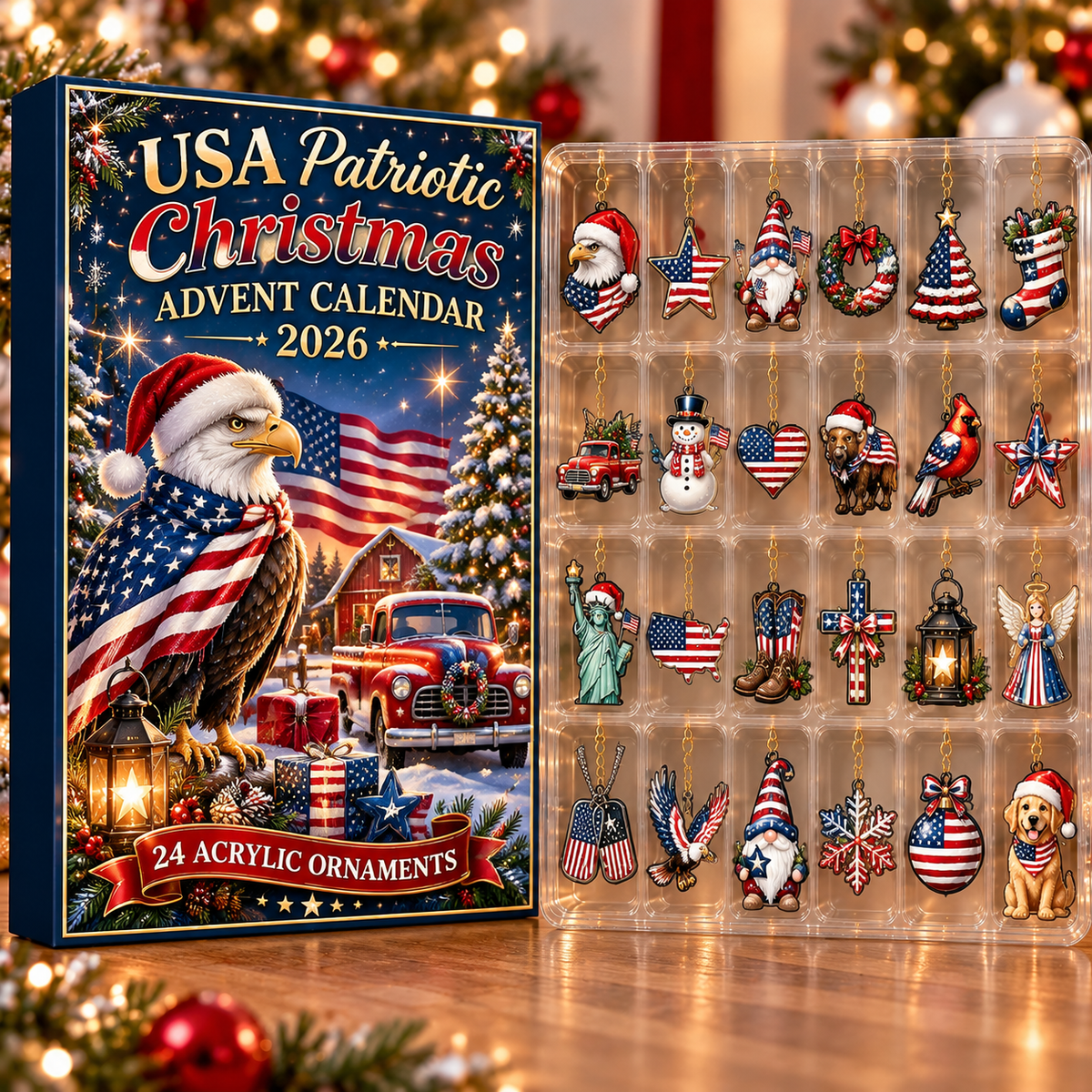 Usa Patriotic Christmas Evergreen Advent Calendar HFN Gen Acrylic Ornament, Festive Holiday Tree Keepsake