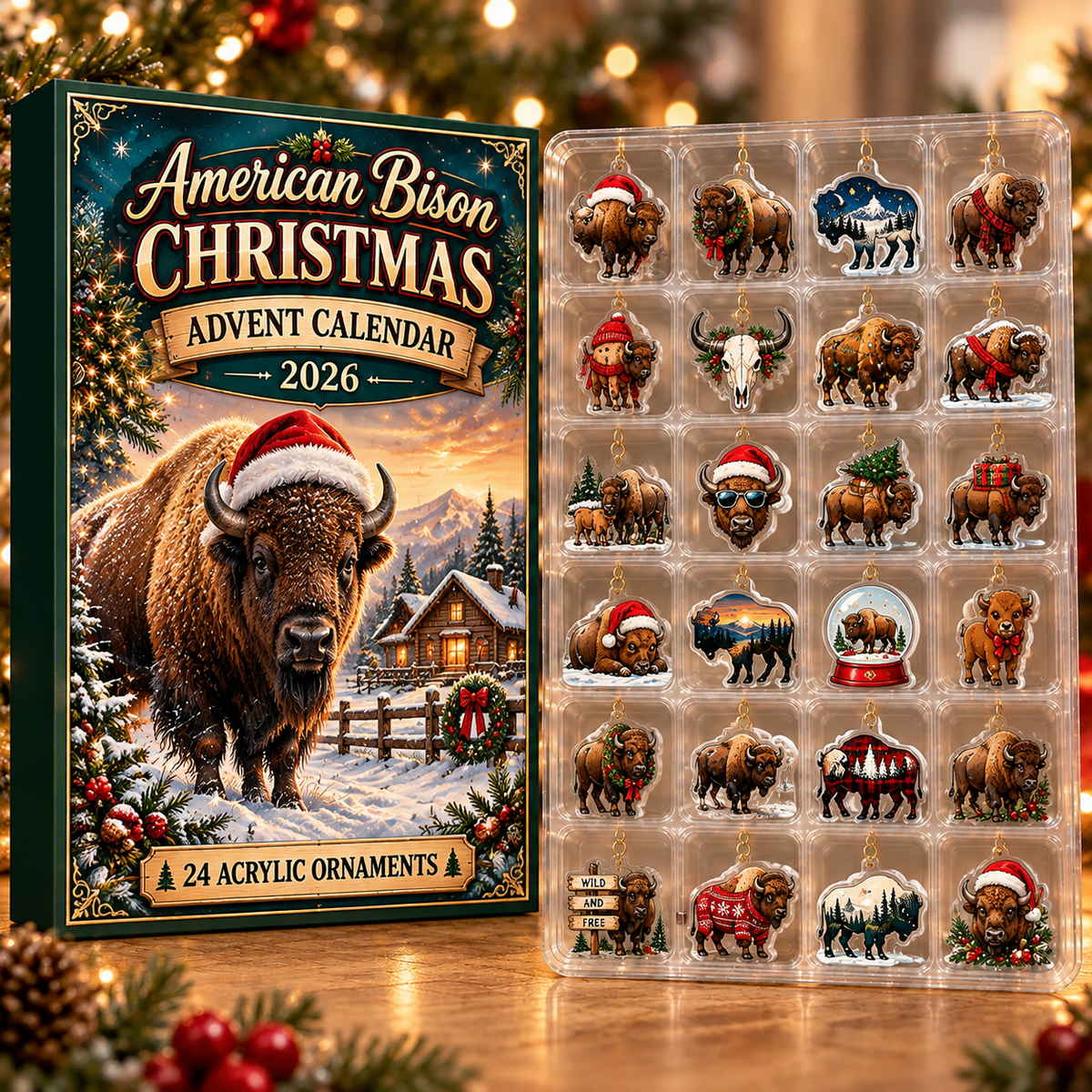 American Bison Evergreen Advent Calendar HFN Gen Acrylic Ornament, Rustic Wildlife Christmas Tree Decoration