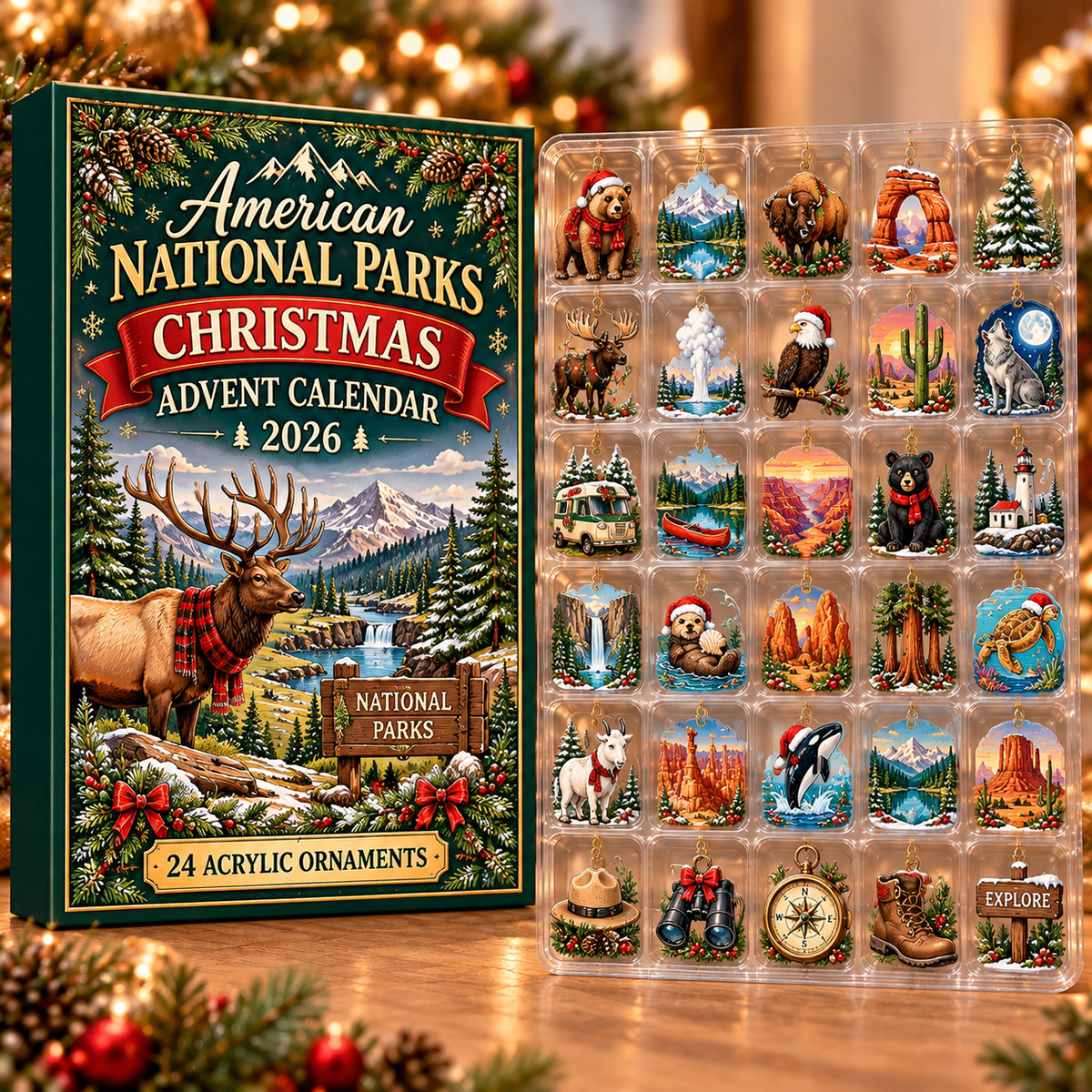 American National Parks Evergreen Advent Calendar HFN Gen Acrylic Ornament, Scenic Wilderness Holiday Tree Decor
