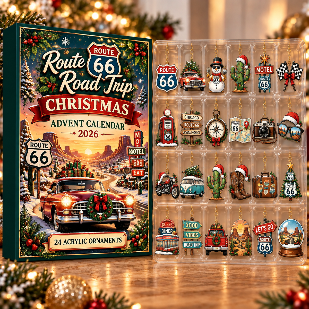 Route 66 Road Trip Evergreen Advent Calendar HFN Gen Acrylic Ornament, Vintage Highway Christmas Tree Keepsake