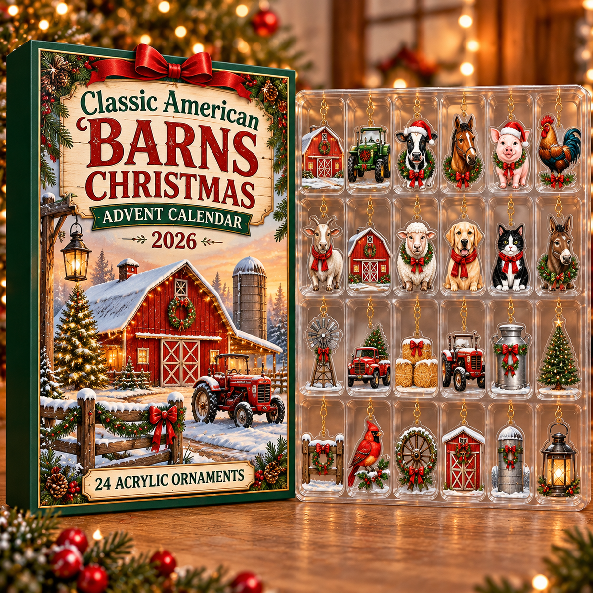 Classic American Barns Evergreen Advent Calendar HFN Gen Acrylic Ornament, Rustic Countryside Christmas Tree Decor