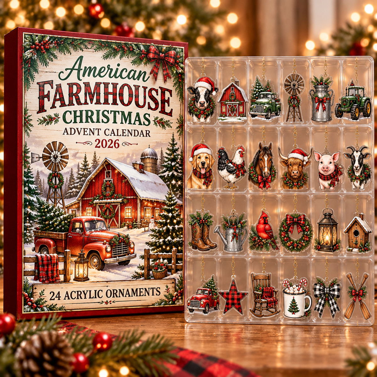 American Farmhouse Evergreen Advent Calendar HFN Gen Acrylic Ornament, Rustic Country Christmas Tree Decoration