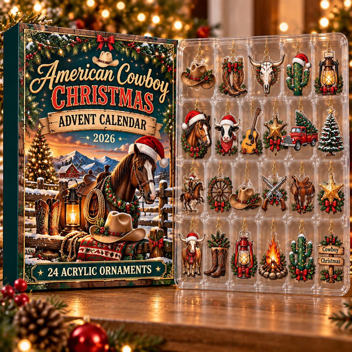 American Cowboy Evergreen Advent Calendar HFN Gen Acrylic Ornament, Western Frontier Christmas Tree Keepsake