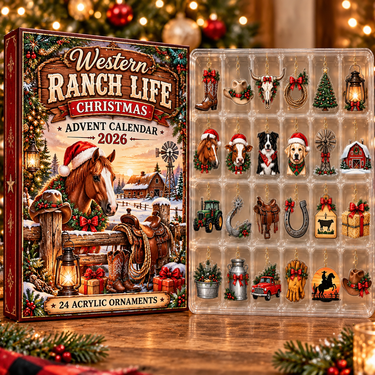 Western Ranch Life Evergreen Advent Calendar HFN Gen Acrylic Ornament, Rustic Cowboy Christmas Tree Decoration